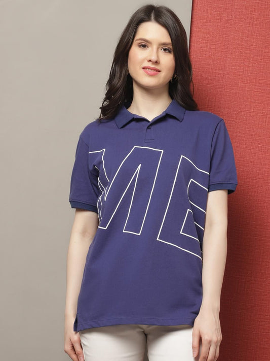 Women's Printed Navy Oversize Polo T-shirt