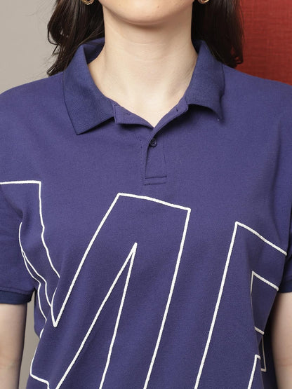 Women's Printed Navy Oversize Polo T-shirt